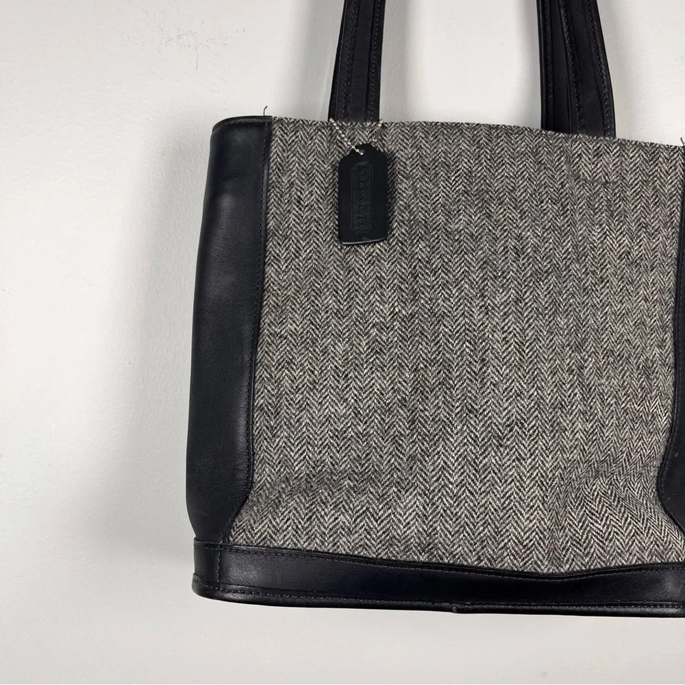 Coach Y2K Bleecker Satchel Gray Wool Leather Bag Herringbone Purse Academia - Picture 3 of 11